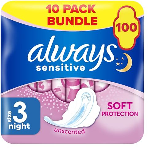 Always Sensitive Ultra Night Sanitary Towels with Wings, Size 3, 100 Towels (10 x 10 Packs), Saving Box, Odour Neutraliser, Super Absorbent Core, Packaging May Vary