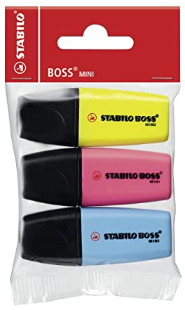 STABILO Highlighter Boss Mini, Yellow, Blue, Pink, Pack of 3