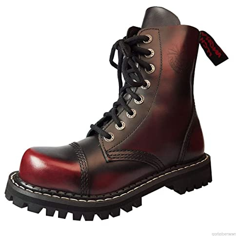 ANGRY ITCH - Botas de piel con puntera de acero, 8 agujeros, color rojo burdeos, estilo gótico, punk, ejército, Ranger, talla 40, Negro , 40 EU