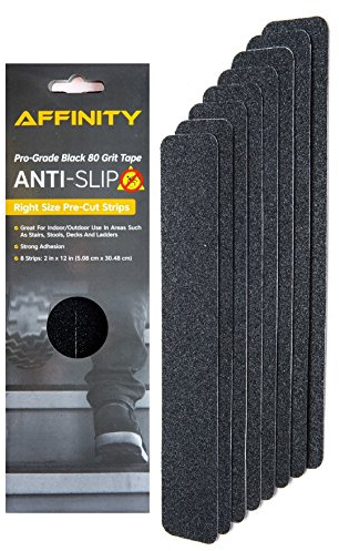 AFFINITY Anti-Slip Tape - Premium 8 Pre-Cut Strips, Black 80 Grit Slip Resistant Safety Treads - 2 inch x 12 inch Rounded Corners - Right Size and Ready to Use for Easy Application