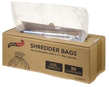 Safe Wrap Shredder Bags, 250L Capacity | Pack of 50 | Durable, High-Density Polythene | Handy Dispenser Box
