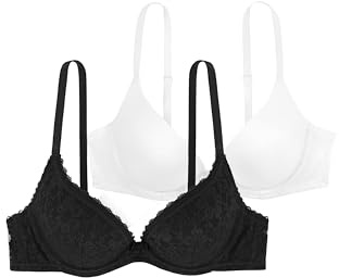 DORINA Women's Sonia Push-Up Plunge Bra 2-Pack - Underwired Moulded Cups with Lace and Smooth Micro Fabric for Lift and Comfort, Black and White
