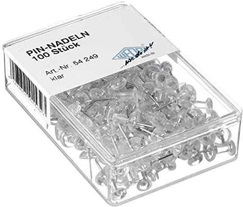 Wedo 54249 Pinnadeln Diabolo-Form, Länge 2,3 cm, Kopfdurchmesser 9 mm, Nadellänge 1,1 cm, 100 Stück in Klarsichtdose, glasklar
