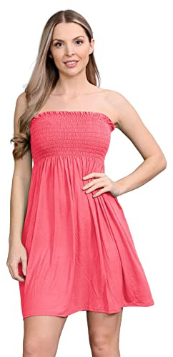 janisramone® Snygg Bandeau-klänning - skjortade axelbandslösa klänningar för kvinnor - Bröst tub fransad rynkad miniklänning - perfekta sommarklänningar för kvinnor för UK strandkläder, Korall, 8-10