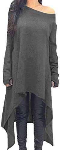 ZANZEA Vestido de Punto asimétrico de Manga Larga Suelta de Invierno Casual Sexy para Mujer Talla Grande 01-Gris L