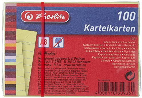 herlitz Karteikarten A8 liniert Gelb, 170g/m² holzfrei, 100 Stück, stabile Karteikarten für Schule, Studium & Büro