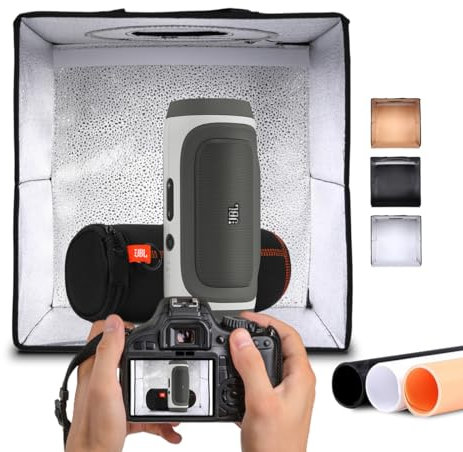 NK Caja de Luz Estudio Fotográfico Plegable (60x60cm) - 160 Leds, 3 temperaturas de Luz, Brillo Ajustable x10, RA90, Productos pequeños Joyas, Asa para Transporte (3 Fondos de Colores)