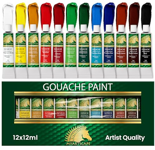 Myartscape Gouache Paint Set - 12 x 12ml Tubes - Artist Quality - Lightfast - Premium Vibrant Colors - Fade-proof - Rewettable - High Pigment Load - Professional Painting Supplies