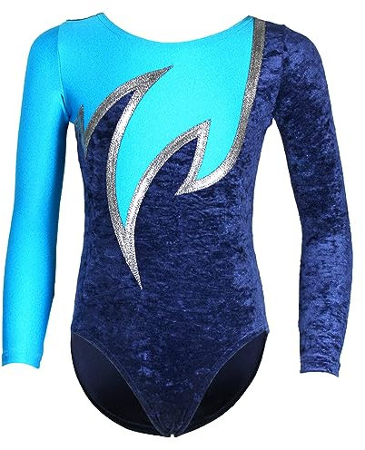 GymStern Turnanzug Java Spezial Samt - Stretch-Material langarm Gymnastikanzug Turnbody langärmlich, Größe:146/152, Farbe:Samt Blau - Silber & Türkis