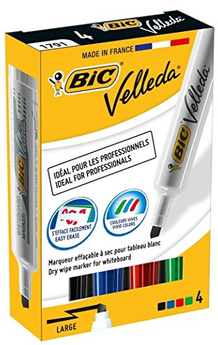 BIC Velleda 1791 Feutres pour Tableau Blanc Effaçables à Sec Pointe Large Biseautée - Couleurs Assorties, Etui Carton de 4