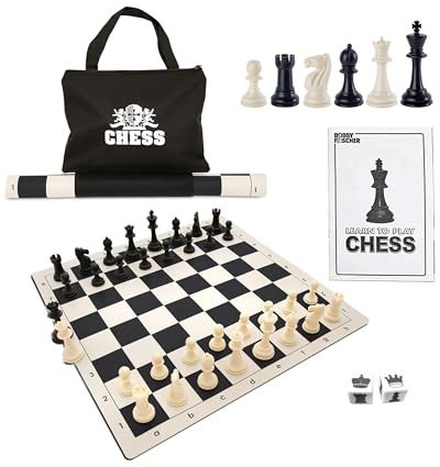 WE Games Best Value Tournament Chess Set - Includes 34 Chessmen, Roll Up Black Vinyl Chess Board, Storage Bag for Pieces, Instructions and Equalizer Dice, Travel Board Games for Adults