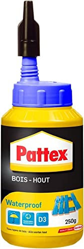 Pattex Bois Hout Waterproof, Biberon de colle à bois résistante, Colle vinylique pour montage, assemblage, placage ou contrecollage en milieu humide et chaud, 250 g
