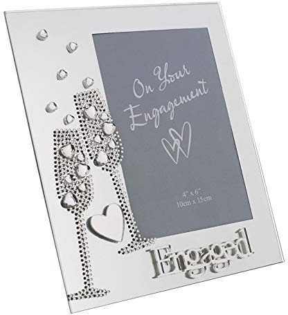 Engaged 6x4 Mirrored Glass Photo Frame with Champagne Flutes Motif