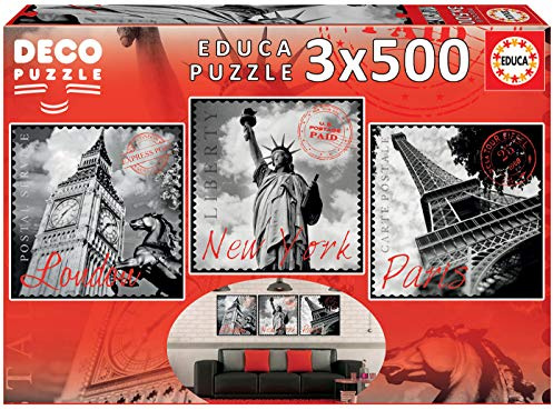 Educa 17096, Große Städte, 3x500 Teile Deko Puzzle für Erwachsene und Kinder ab 10 Jahren, Puzzelset, London, New York, Paris