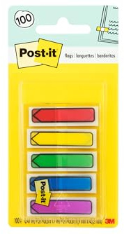 Post-it Arrow Flags, 0.47 in. x 1.7 in., One Dispenser With 100 -Count Assorted Primary Colors Sticky Tabs Per Dispenser, Removable Page Markers for Planners, Journals, and Calendars (100 Flags Total)