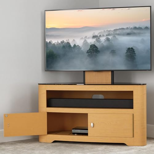 AVF Curved Wood TV Stand - Blenheim 1000mm Wide Floorstand Combi Unit Upto 65, With Universal VESA Mount, Oak & Black Glass, Open & Closed Storage