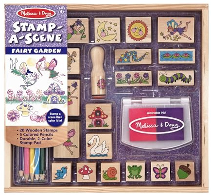 Melissa & Doug Stamp-a-Scene Stamp Pad: Fairy Garden - 20 Wooden Stamps, 5 Colored Pencils, and 2-Color Stamp Pad