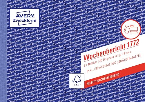 AVERY Zweckform 1772 Wochenbericht (A5 quer, selbstdurchschreibend, von Rechtsexperten geprüft, für Deutschland/ Österreich zur wöchentlichen Dokumentation der Arbeitsleistung, 2x40 Blatt) weiß/gelb