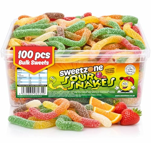Sweetzone Sour Snakes 800g 100pcs Halal | Sour snake gummies, Halal fizzy jelly sweets, bulk tub 100pcs, party pick and mix, retro candy for all ages