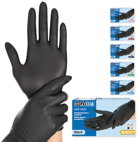 FRANZ MENSCH Hygostar Nitrilhandschuhe Safe Light | puderfrei, schwarz, 8/M, 24cm, 100 Stück, Einweghandschuhe, Einmalhandschuhe, in Gr. XS, S, M, L, XL & XXL verfügbar