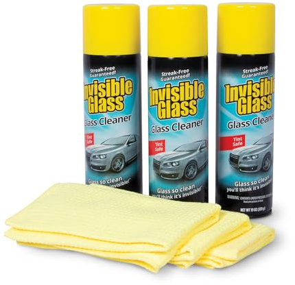 Invisible Glass 99011 Premium Aerosol Glass Cleaner Spray Kit Includes 3 Premium Aerosol Glass Cleaner Spray, 3 Waffle Weave Microfiber Towels for Streak-Free Auto Glass Windows, Windshields & Mirrors