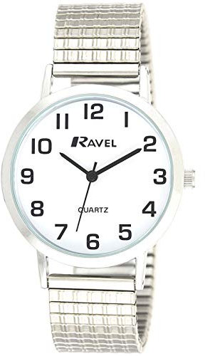 Ravel - Reloj Tradicional Unisex con Esfera de Números Claros con Correa Extensible - Tono Plateado