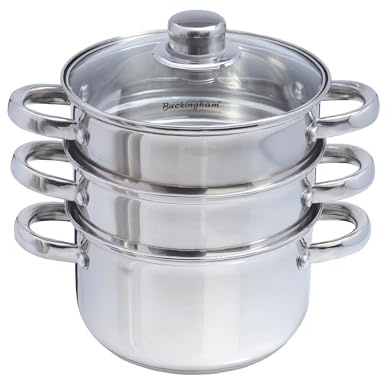 Buckingham 3 Tier Premier Steamer Set with Glass Lid Polished Mirror Finish Stainless Steel Ideal for Steamer Cooking Induction Compatible 18 Cm, Silver
