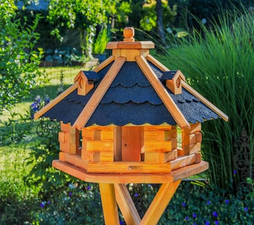 Vogelhaus von klein bis Riesig XXL Futterhaus Futterhäuschen Vogelvilla V18, Vogelfutterhaus aus Holz mit Solarbeleuchtung beleuchtet (Schwarz, mittel), Vogelfutterhaus mit Futtersilo, Silo