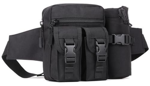 Huntvp Taktisch Hüfttasche mit Flaschenhalter Militärisch Bauchtasche Wasserdicht Gürteltasche MOLLE Wasserflasche Halter Multifunktional für Damen Herren Wandern Laufen Camping Trekking, Schwarz