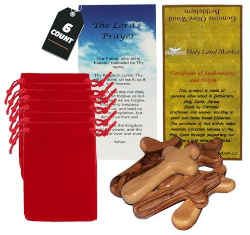 Holy Land Market 6 Olive Wood Holding Hand Crosses - 4 Inch Crosses with Gift Bags, Natural Olivewood from Bethlehem