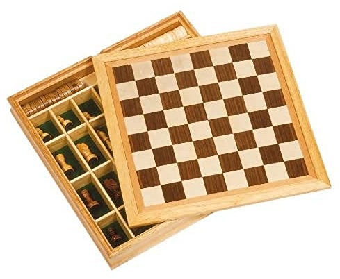 goki 56953 Spiele-Set Schach, Dame und Mühle, Holz, 34 x 34 x 5 cm, Gesellschaftsspiel Strategiespiel ab 7 Jahren