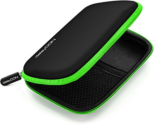deleyCON Borsa del Disco Rigido Custodia HDD - Per Dischi Rigidi da 2,5 Pollici e SSD - Robusto e Antiurto - 2 Scomparti Interni con Tasche a Rete - Verde