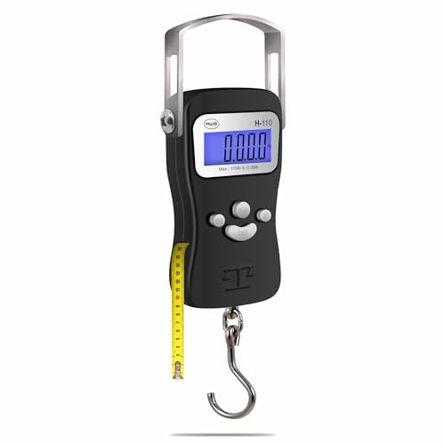 AWS Digital Luggage Scale, Fish Weighing Scale, Hanging Scale 110lb/50kg – Die-Cast Metal Construction, Built-in Tape Measure, Hook & Handle – for Travel, Fishing, Archery, Hunting, Outdoor (Black)