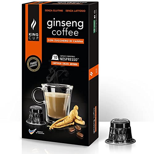 King Cup - 1 Confezione da 10 Capsule di Ginseng con Zucchero di Canna, 10 Capsule 100% Compatibili con Sistema Nespresso di Bevanda al Gusto di Ginseng, Senza Glutine e Senza Lattosio