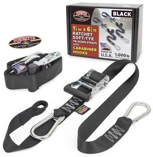 PowerTye 1.5in x 6.5ft Heavy Duty Ratchet Tie-Down Straps with Soft-Tye and Carabiner Hooks - 1,000 lb Working Load Limit / 3,000 lb Breaking Strength - Made in USA - Black/Black Pair
