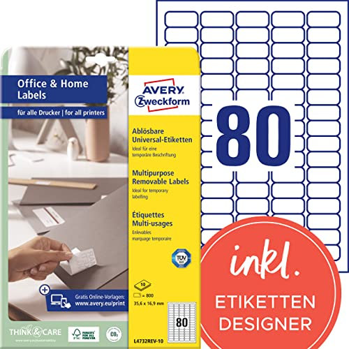 AVERY Zweckform L4732REV-10 Universal Etiketten (800 Klebeetiketten, 35,6x16,9 mm auf A4, wieder rückstandsfrei ablösbar / abziehbar, individuell bedruckbare, selbstklebende Aufkleber) 10 Blatt, weiß