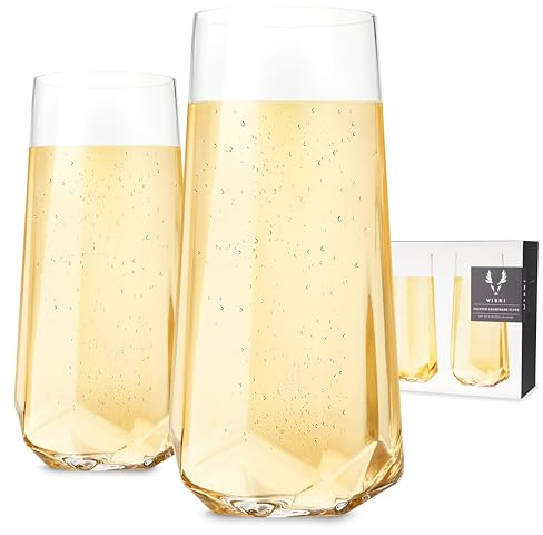 Viski Seneca Faceted Stemless Champagne Flutes, Crystal Clear Sparkling Wine Glasses for Prosecco, Sparkling Cocktails, Mimosas, Elegant Glassware for Wedding Gifts, Home Bar, 10 oz, Set of 2