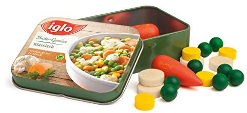 Erzi 18441 Gemüse von Iglo aus Holz in der Dose, Kaufladenartikel für Kinder, Rollenspiele