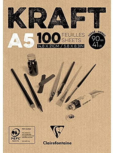 Clairefontaine - Ref 96544C - Kraft Glued Pad (100 Sheets) - A5 (210 x 148mm) Size, 90gsm Paper, Acid Free, pH Neutral - Suitable for Painting & Drawing - Brown