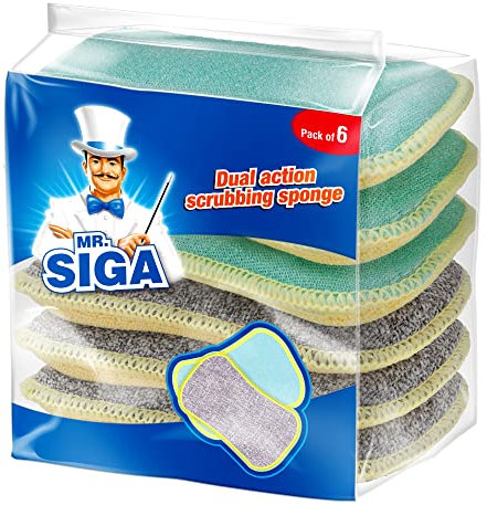 MR.SIGA Dual Action Scrubbing Sponge, Pack of 6, Size:15x8.5x2.3cm
