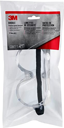 3M Goggle Chemical Splash, Impact-Resistant, Blocks 99.9% of UV, Scratch Resistant, Adjustable Strap, Indirect Ventilation, Flexible Frame Conforms To Face For Secure & Protective Fit (91252H1-DC-10)