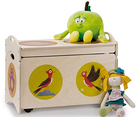 Dida - i Pancotti, Panca Portagiochi Multifunzione in Legno con Ruote e Coperchio, Decorata con Motivi di Orsi, Ranocchi e Picchi, Contenitore Spazioso e Versatile per la Camera dei Bambini