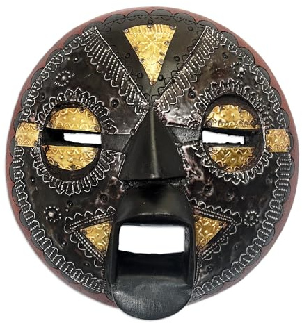 NOVICA Handcrafted Ghanaian Wood Wall Mask with Aluminum and Brass Accents, 'Beautiful Soul'