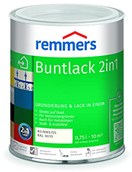 Remmers Buntlack 2in1 reinweiß (RAL 9010), 0,75 Liter, Buntlack für Holz, Eisen, Stahl, inkl. Grundierung und Rostschutz, innen und außen