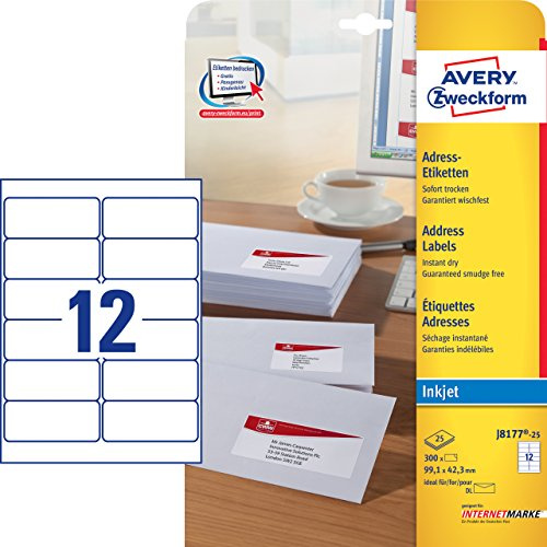 AVERY Zweckform J8177-25 Adressetiketten/Adressaufkleber (300 Etiketten, 99,1x42,3mm auf A4, bedruckbar, selbstklebend, für DIN lang Briefkuverts, Papier matt, Inkjet-Drucker) 25 Blatt, weiß