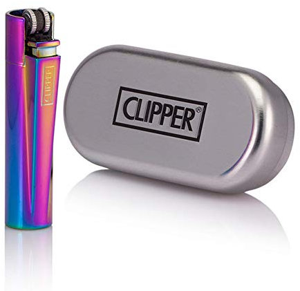 Briquet à pierre Clipper en métal bleu glacier/arc-en-ciel livré dans un coffret cadeau en métal