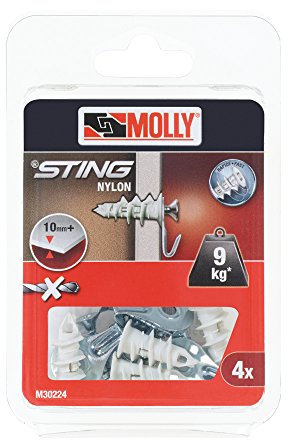 Molly M30224-XJ Sting Chevilles auto foreuses Nylon avec crochet Tableau/Vis, Gris, Set de 4 Pièces