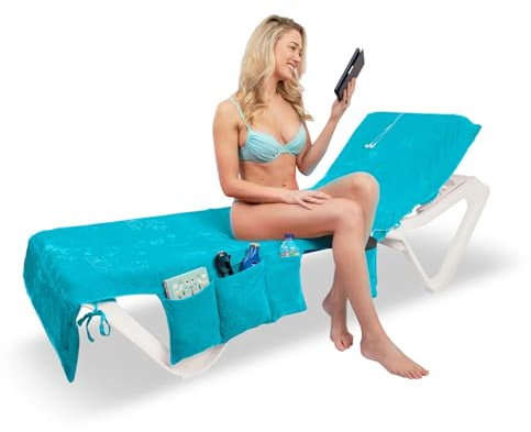 ITSA Velour Beach Towel with Pockets & Handles | 100% Cotton Foldable Sun Lounger Cover | Carry Bag | Secure Storage Beach Towel (Turquoise)