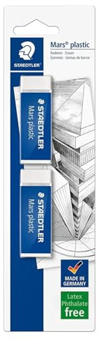 Staedtler Mars Plastic, Gommes plastiques blanches de très haute qualité, Sans phtalates ni latex, Étui blister avec 2 gommes de taille standard, 526 50 BK2DA
