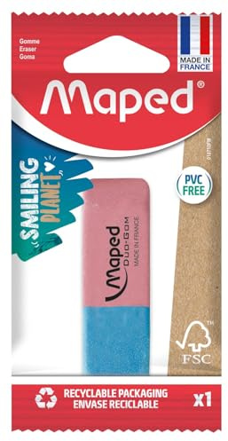 Maped Duo-Gom Gomme moyenne en caoutchouc naturel sans PVC Rose et bleu Certifié FSC Emballage papier 100 % recyclable